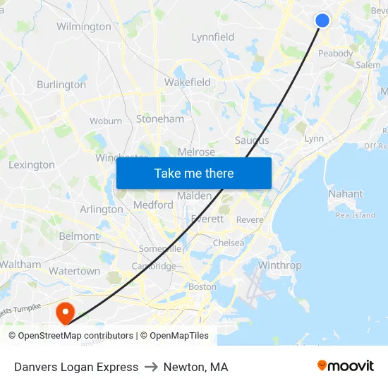 Danvers Logan Express to Newton, MA map