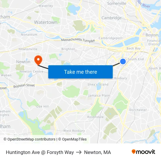 Huntington Ave @ Forsyth Way to Newton, MA map