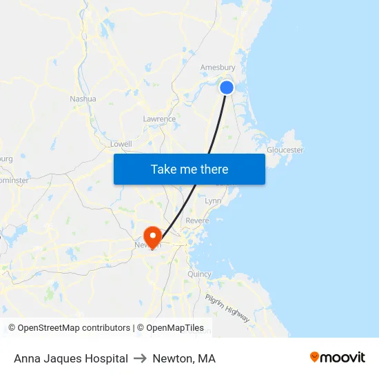Anna Jaques Hospital to Newton, MA map