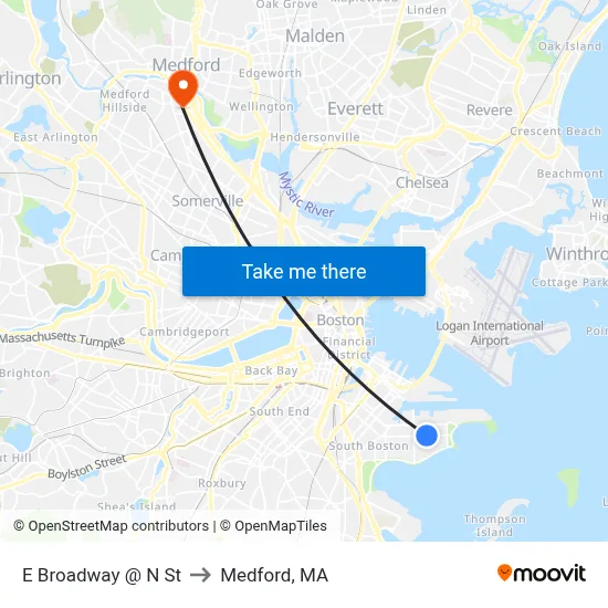 E Broadway @ N St to Medford, MA map