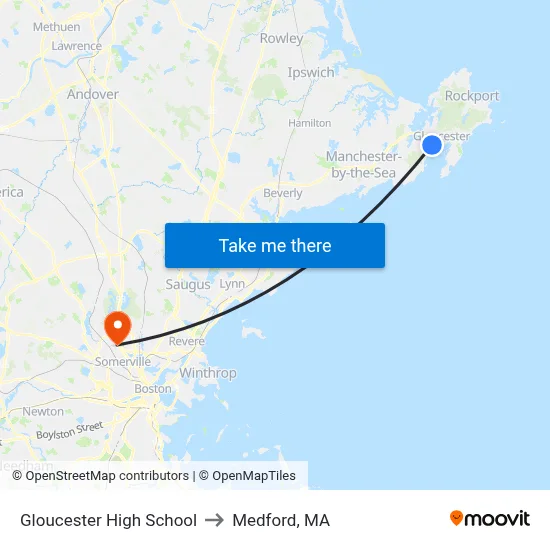 Gloucester High School to Medford, MA map