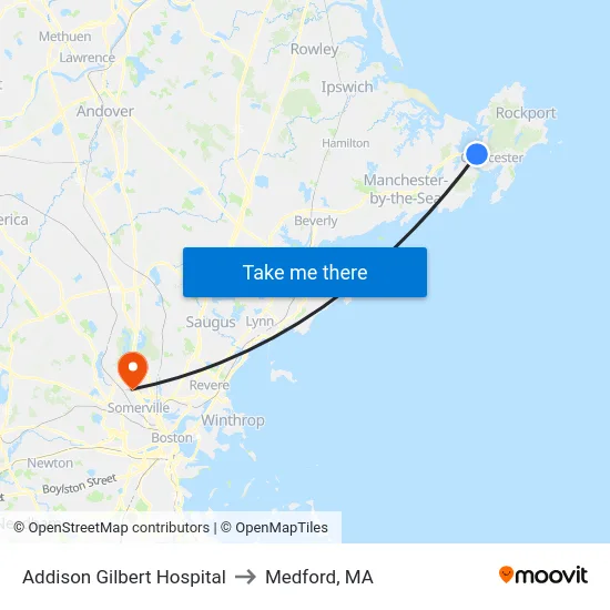Addison Gilbert Hospital to Medford, MA map