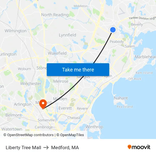 Liberty Tree Mall to Medford, MA map