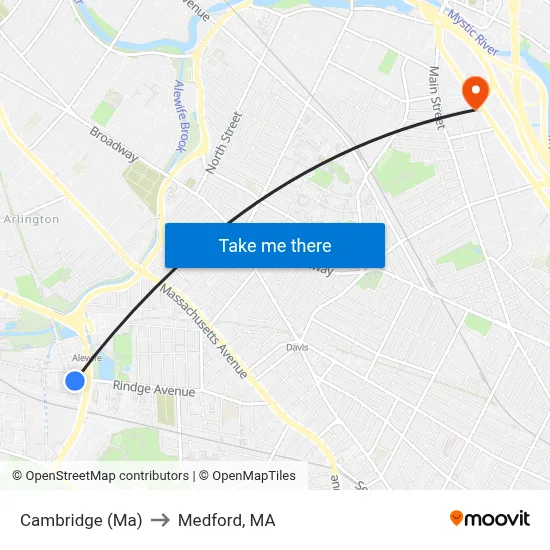 Cambridge (Ma) to Medford, MA map