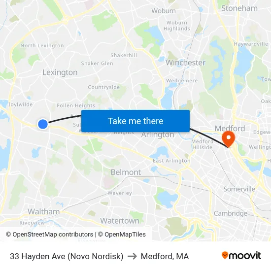 33 Hayden Ave (Novo Nordisk) to Medford, MA map