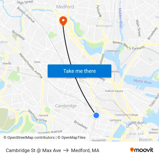 Cambridge St @ Max Ave to Medford, MA map