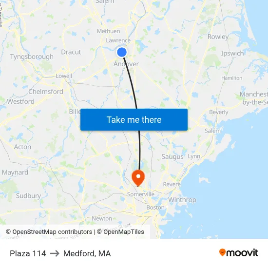 Plaza 114 to Medford, MA map