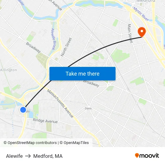 Alewife to Medford, MA map