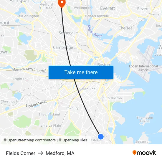 Fields Corner to Medford, MA map