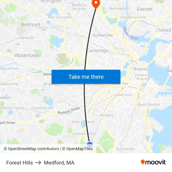 Forest Hills to Medford, MA map