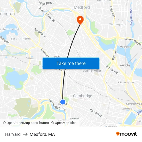 Harvard to Medford, MA map