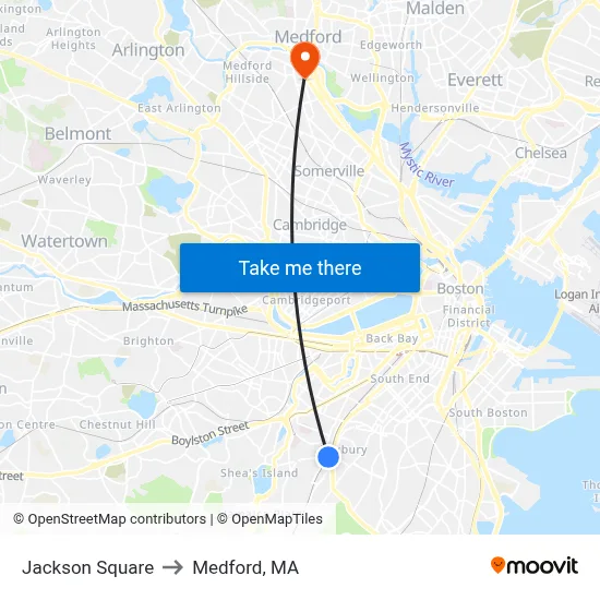 Jackson Square to Medford, MA map