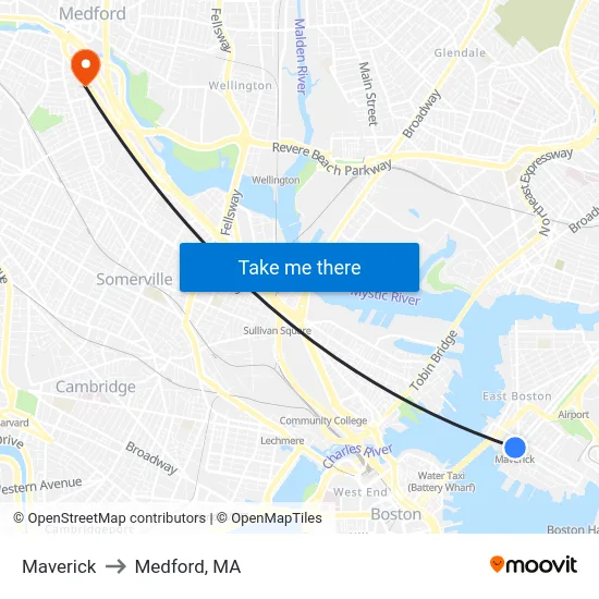 Maverick to Medford, MA map