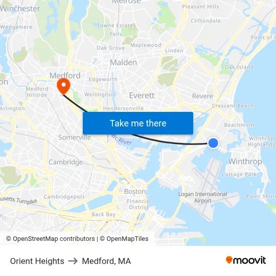 Orient Heights to Medford, MA map
