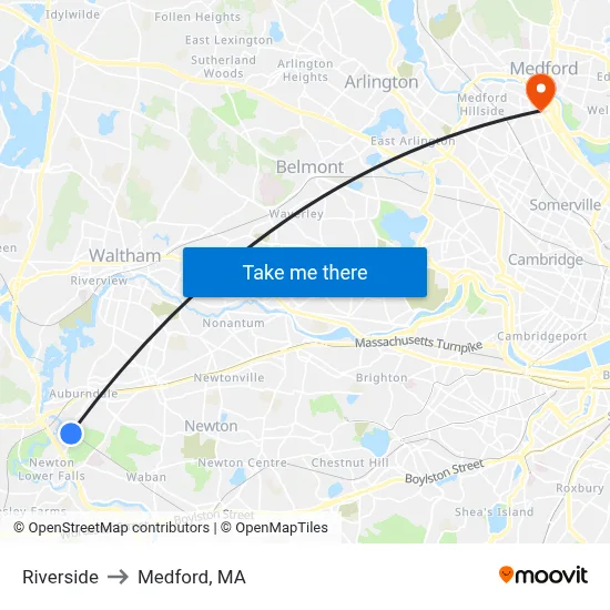 Riverside to Medford, MA map