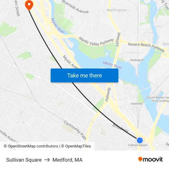 Sullivan Square to Medford, MA map