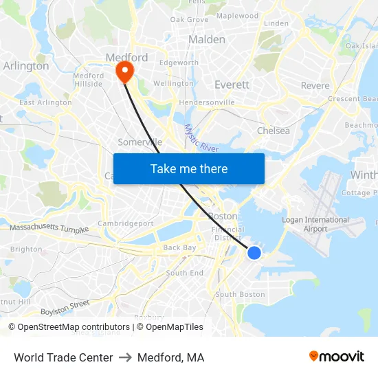 World Trade Center to Medford, MA map