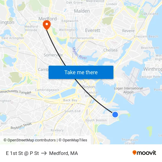 E 1st St @ P St to Medford, MA map
