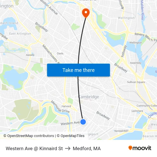 Western Ave @ Kinnaird St to Medford, MA map