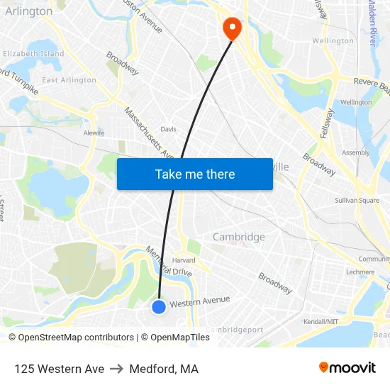 125 Western Ave to Medford, MA map