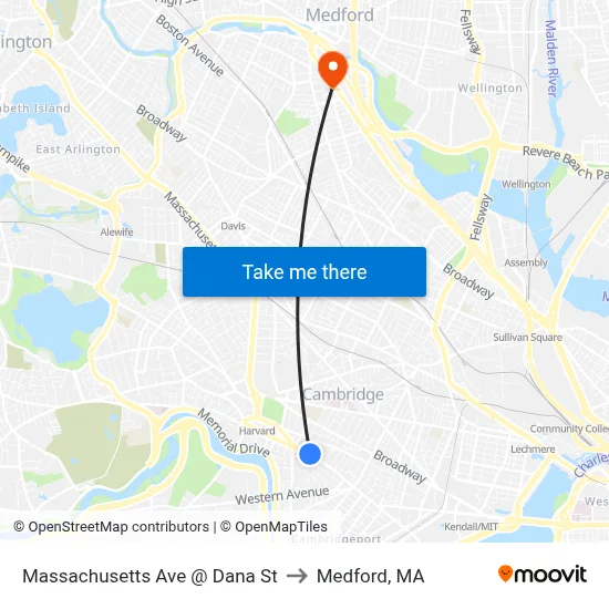Massachusetts Ave @ Dana St to Medford, MA map