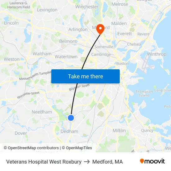 Veterans Hospital West Roxbury to Medford, MA map
