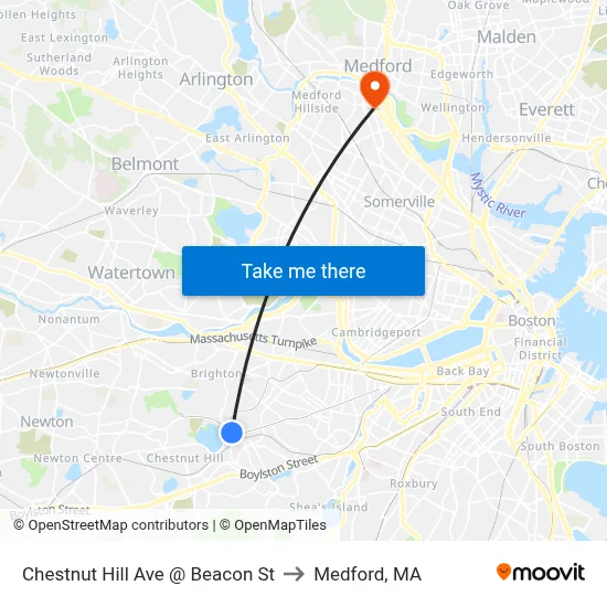 Chestnut Hill Ave @ Beacon St to Medford, MA map