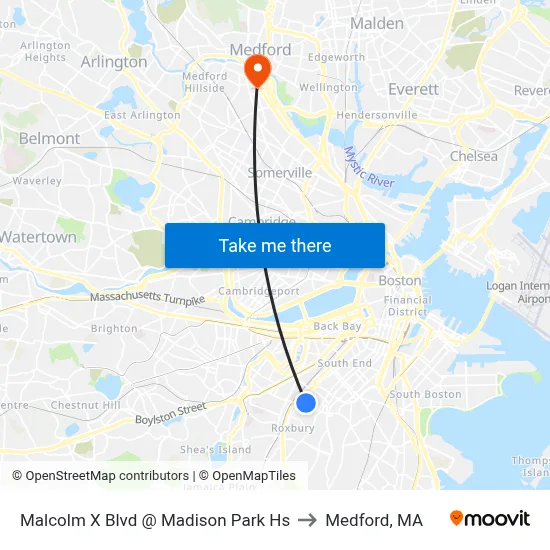 Malcolm X Blvd @ Madison Park Hs to Medford, MA map