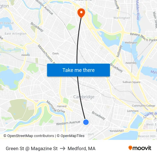 Green St @ Magazine St to Medford, MA map
