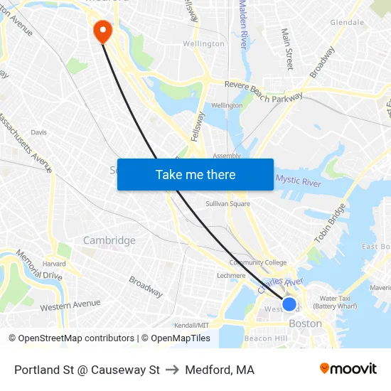Portland St @ Causeway St to Medford, MA map