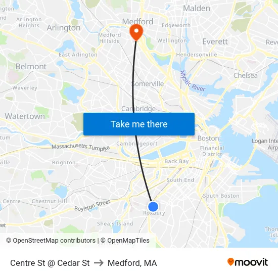 Centre St @ Cedar St to Medford, MA map
