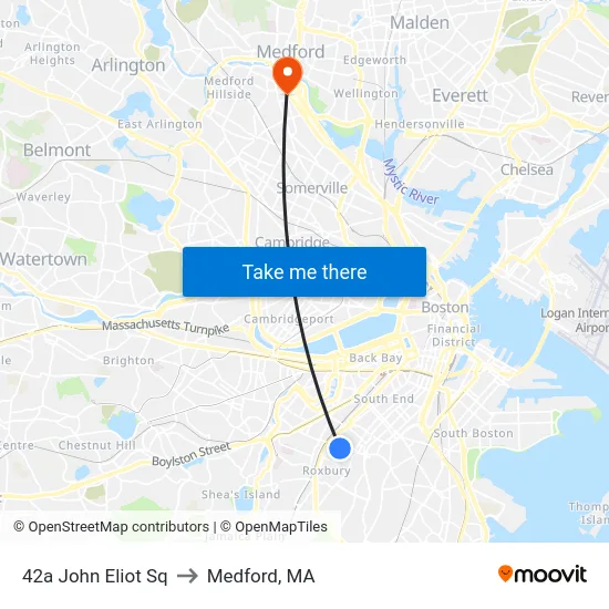 42a John Eliot Sq to Medford, MA map