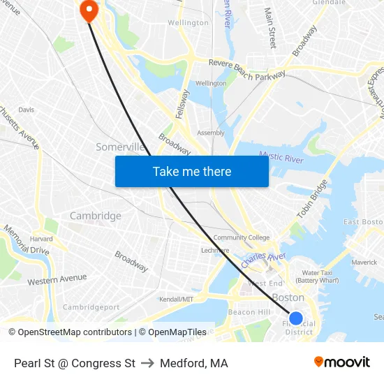 Pearl St @ Congress St to Medford, MA map