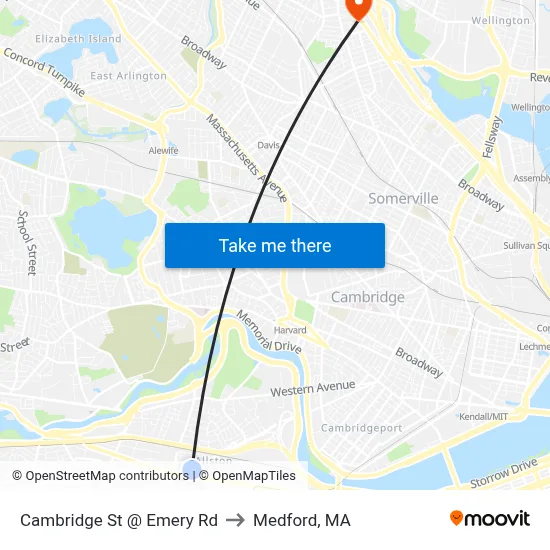Cambridge St @ Emery Rd to Medford, MA map