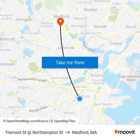 Tremont St @ Northampton St to Medford, MA map