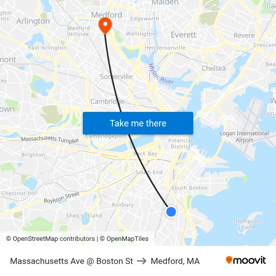 Massachusetts Ave @ Boston St to Medford, MA map