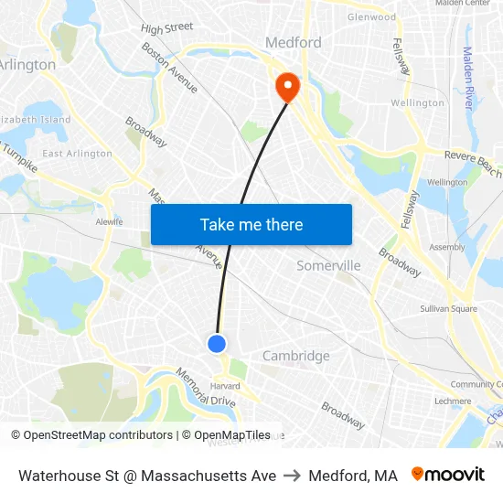 Waterhouse St @ Massachusetts Ave to Medford, MA map