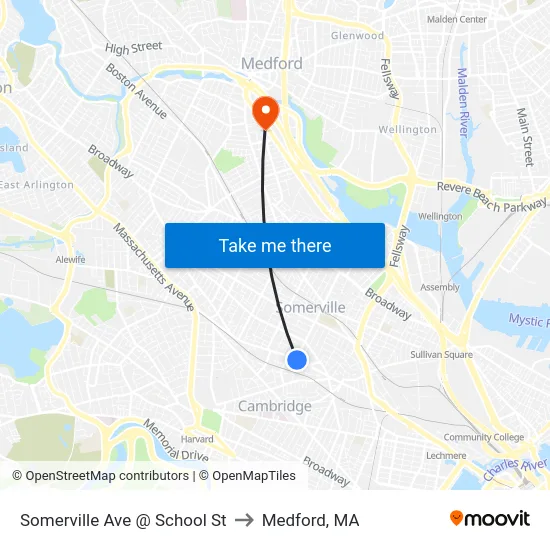 Somerville Ave @ School St to Medford, MA map