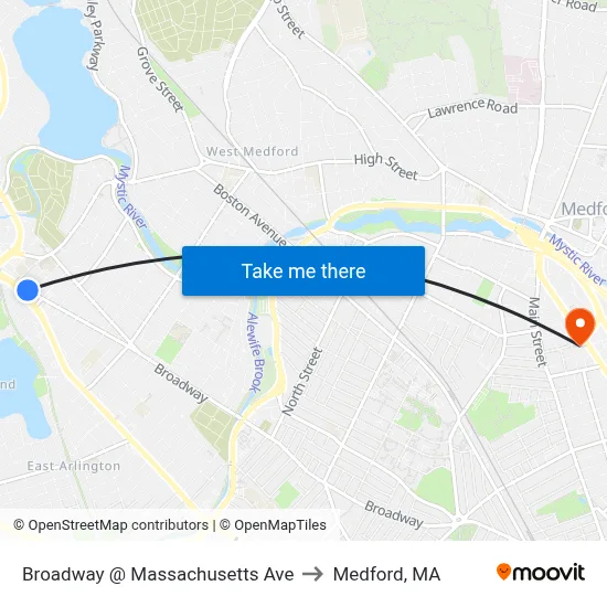 Broadway @ Massachusetts Ave to Medford, MA map