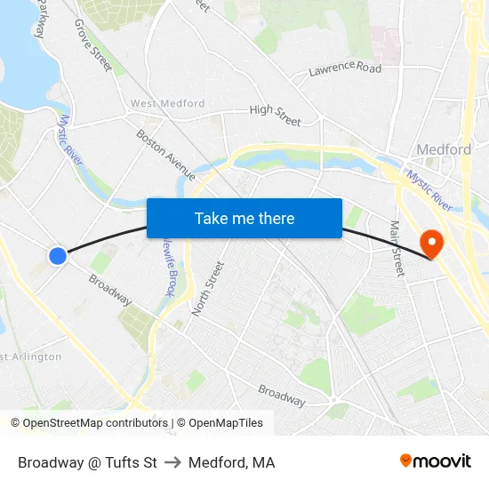 Broadway @ Tufts St to Medford, MA map