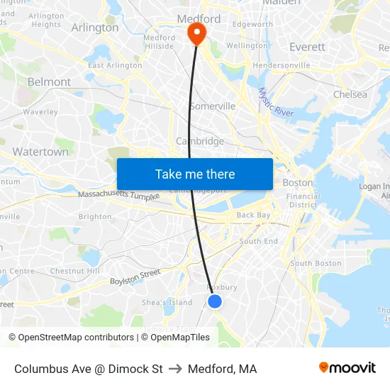Columbus Ave @ Dimock St to Medford, MA map