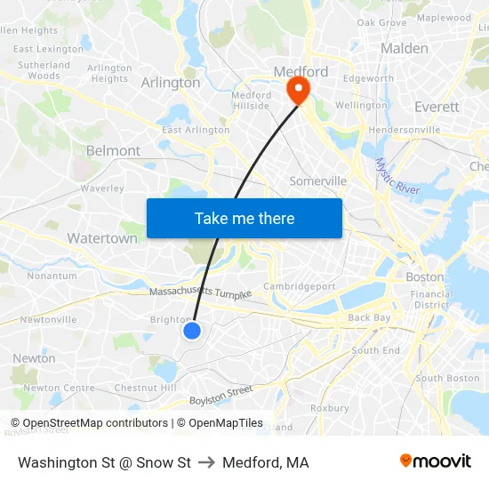 Washington St @ Snow St to Medford, MA map