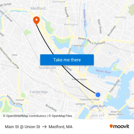 Main St @ Union St to Medford, MA map