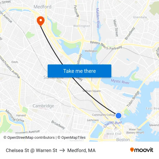 Chelsea St @ Warren St to Medford, MA map