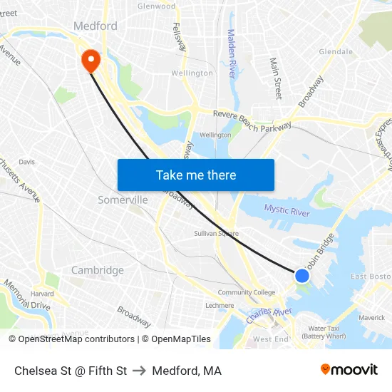 Chelsea St @ Fifth St to Medford, MA map