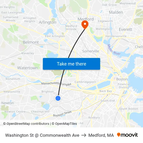 Washington St @ Commonwealth Ave to Medford, MA map