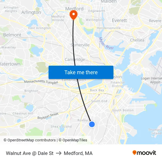 Walnut Ave @ Dale St to Medford, MA map