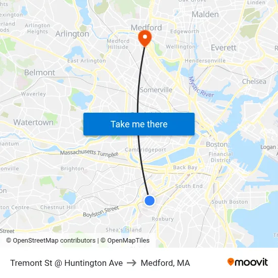 Tremont St @ Huntington Ave to Medford, MA map