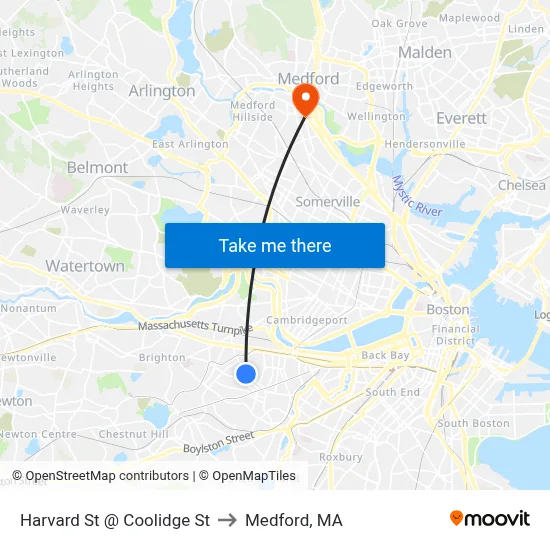 Harvard St @ Coolidge St to Medford, MA map