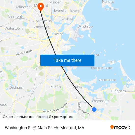 Washington St @ Main St to Medford, MA map